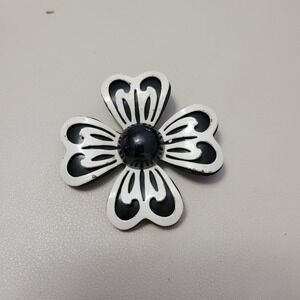 Vintage Enamel Metal Black & White Large 2" MOD Flower 1960's Brooch Pin AS IS